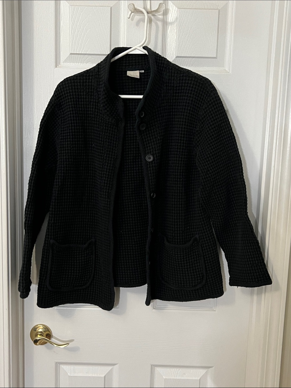 Women's Black Waffle-Knit Button-Up Blazer Jacket